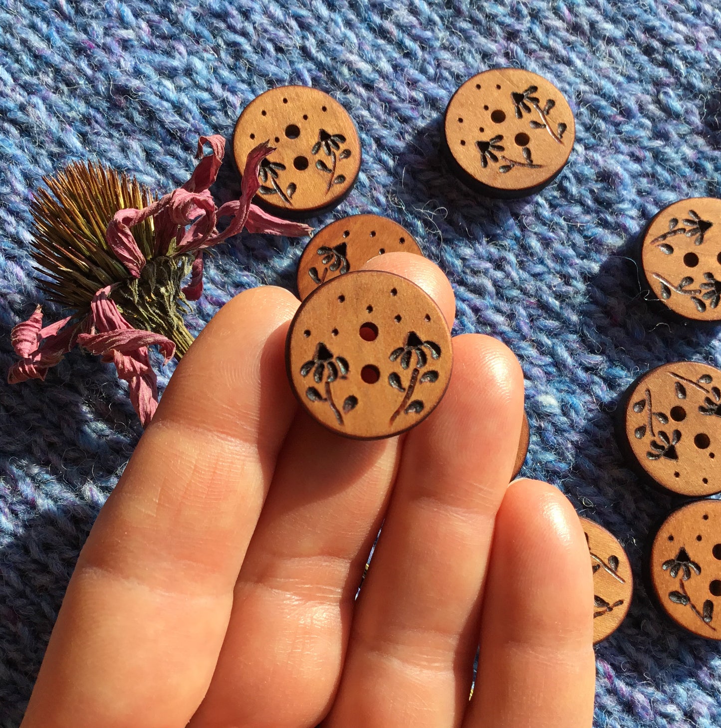 ‘Coneflowers' Wood Burned Button 13/16”