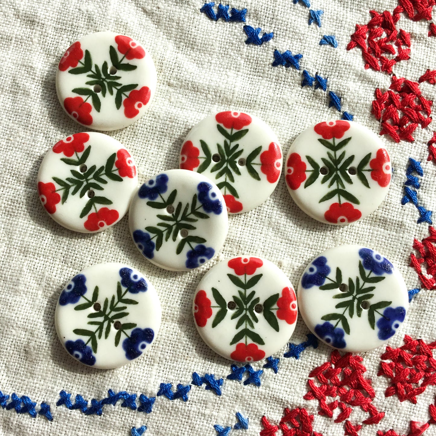 'Crossed Folk Flowers' Blue & Red Porcelain Buttons 1”