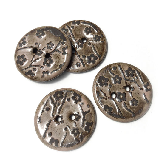 Pink 'Plum Blossom' Black Clay Stoneware Button 1-1/16"