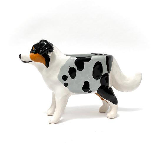 Merle Australian Shepard Dog Planter - Ceramic Dog Plant Pot
