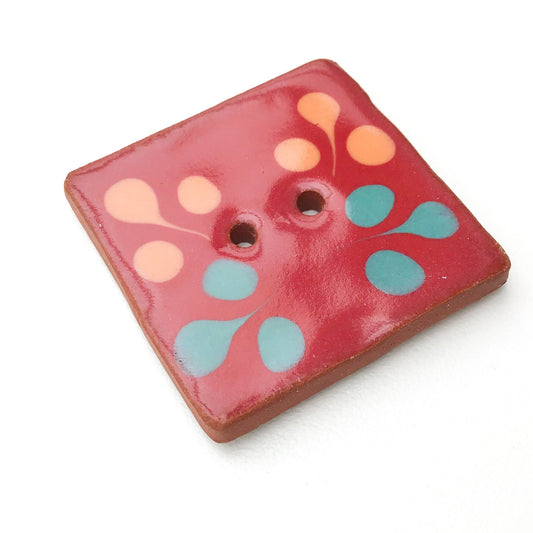 Large Square Decorative Button - Raspberry - Turquoise - Orange - Art Button - 1 3/8"