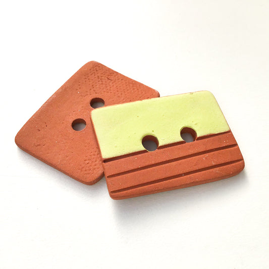 Chartreuse & Terracotta Clay Button - Rustic - Contemporary Ceramic Button - 1" x 1 3/8"