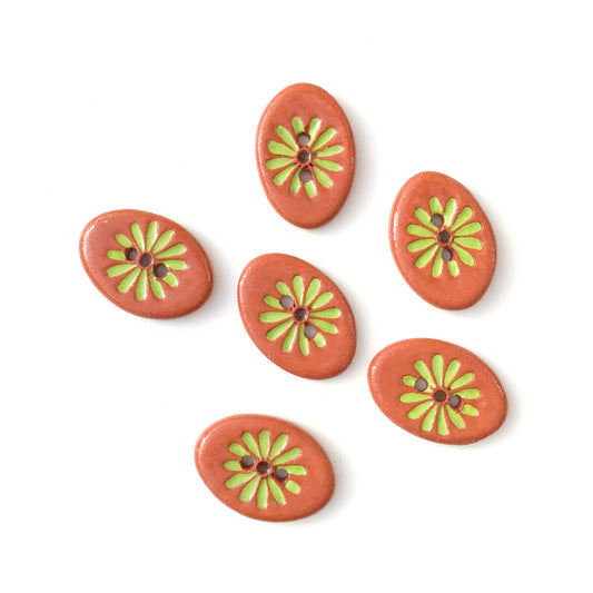 Green Daisy Button on Red Clay 5/8" x 7/8"