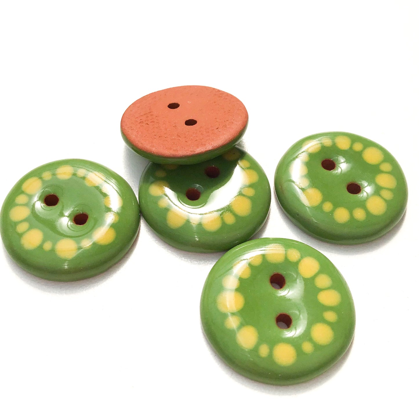 Green & Yellow Dotted Ceramic Buttons - Green Clay Buttons - 15/16" - 5 Pack