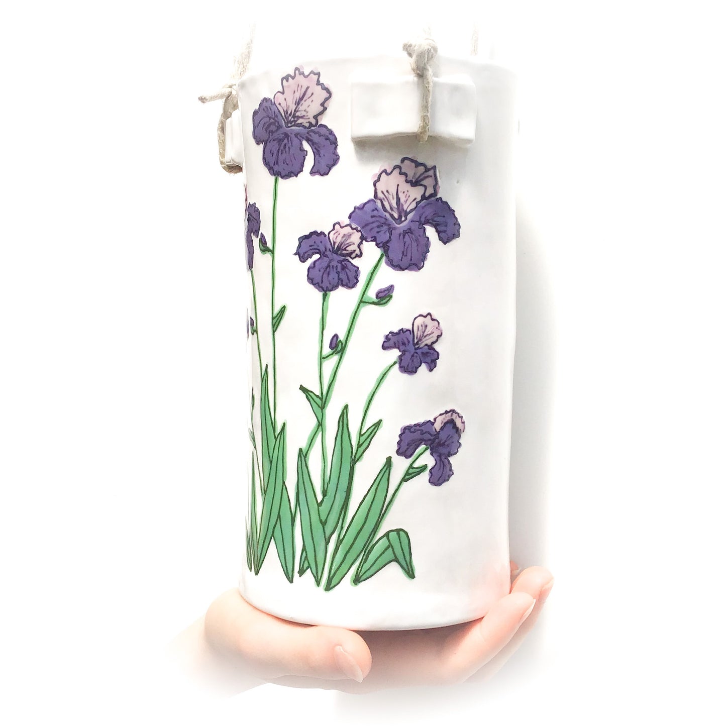 Flowering Purple Iris Hanging Ceramic Pot - Hanging Clay Flower Planter