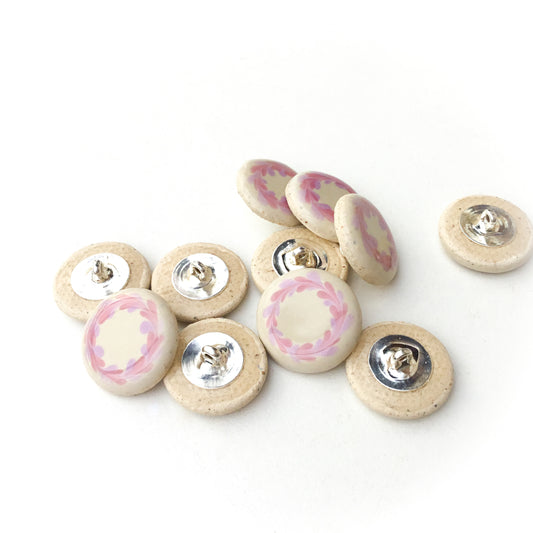 Antique White & Pink Wreath Ceramic Shank Buttons - 11/16"