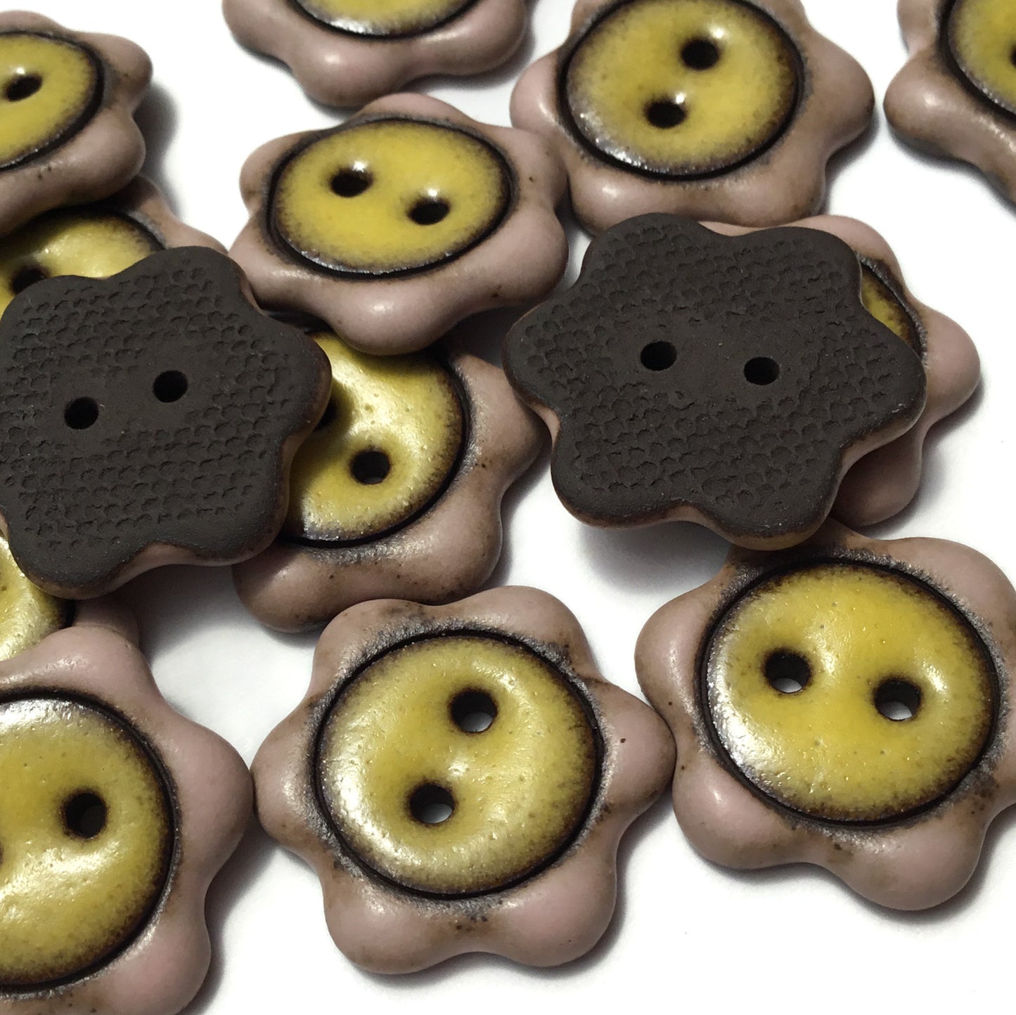 ‘Floral Darlings' Black Stoneware Button - Soft Pink & Yellow  7/8”