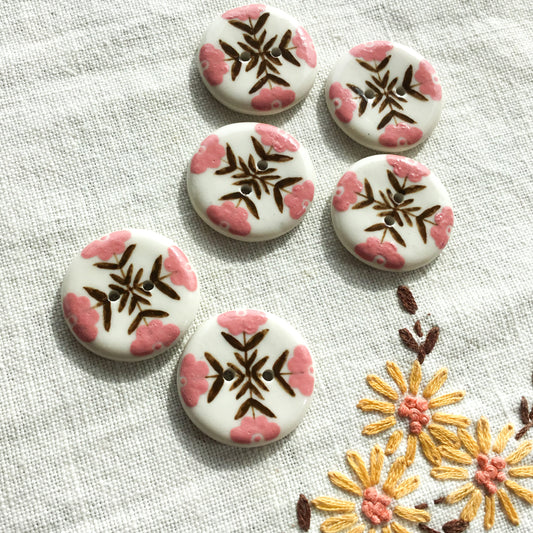 'Crossed Folk Flowers' Pink & Brown Porcelain Button 1”