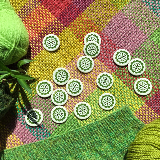 Scalloped Flower Porcelain Button  ‘Green Thumb’  1"