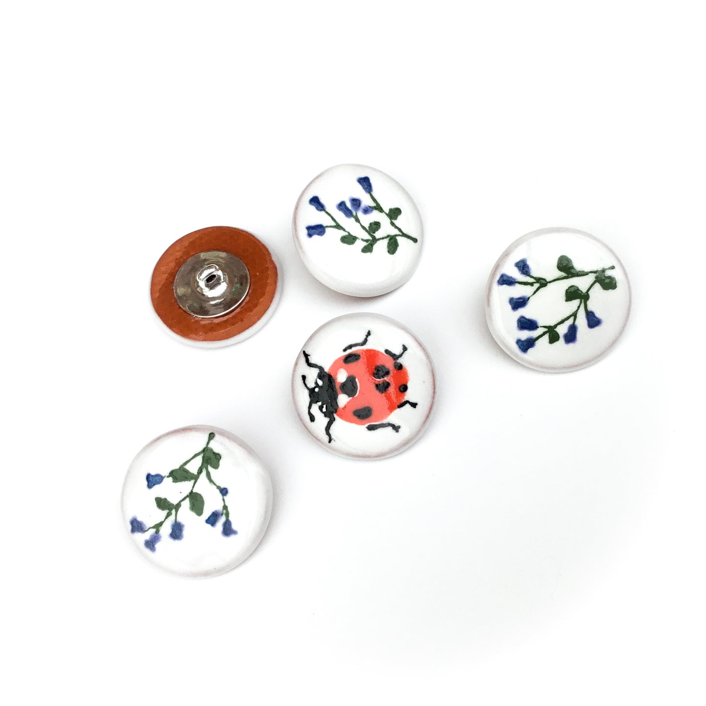 ‘Ladybug in the Bluebells’ Designer Shank Button Set - 3/4”  5-pack