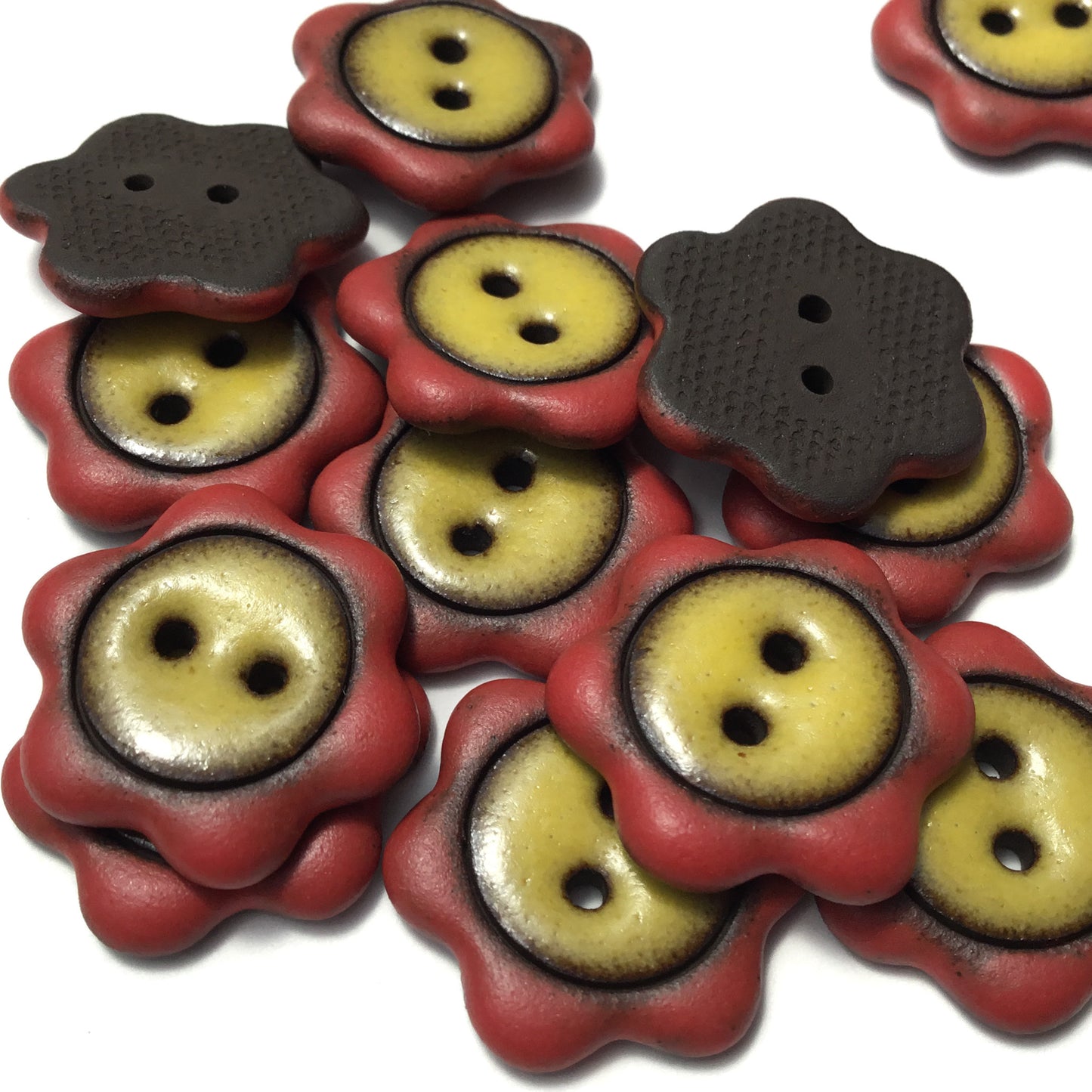 ‘Floral Darlings' Black Stoneware Button - Red & Yellow  7/8”