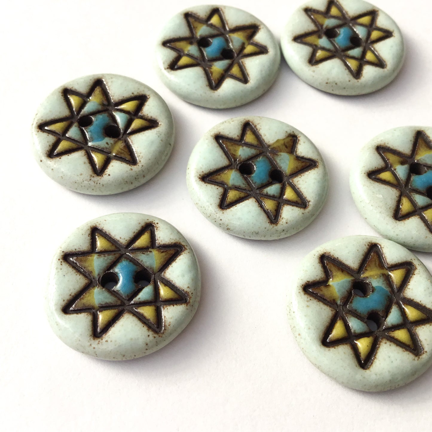 Ohio Star Quilt Block Stoneware Button  ‘Blue Bliss’  3/4” - 7 Pack