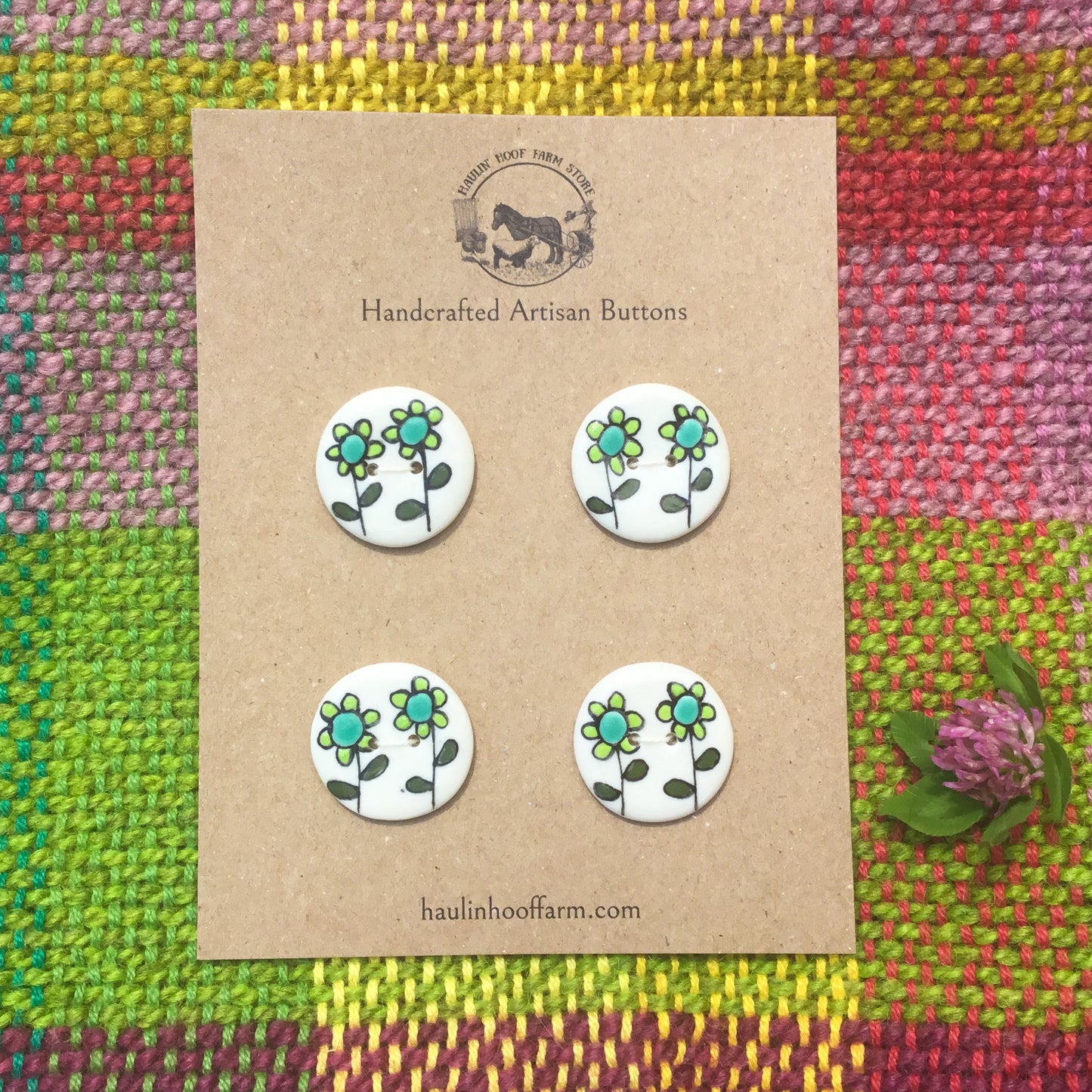 Flower Duo Porcelain Button Set - Lime & Teal - 1”