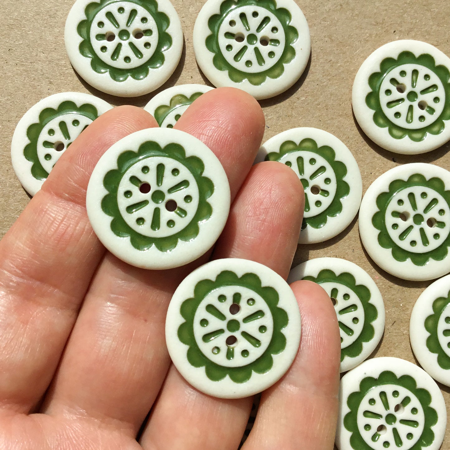 Scalloped Flower Porcelain Button  ‘Green Thumb’  1"