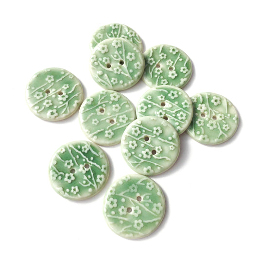 'Celadon' Plum Blossom Porcelain Button  1"