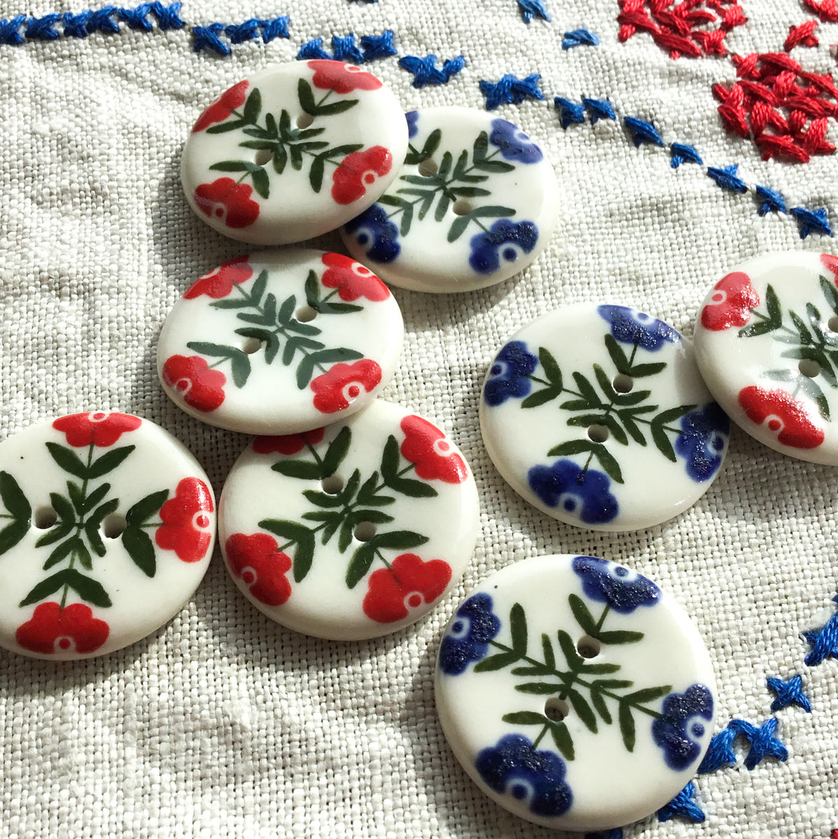 Folk Button 'Crossed Folk Flowers' Blue & Red Porcelain Buttons 1” – Haulin' Hoof ...