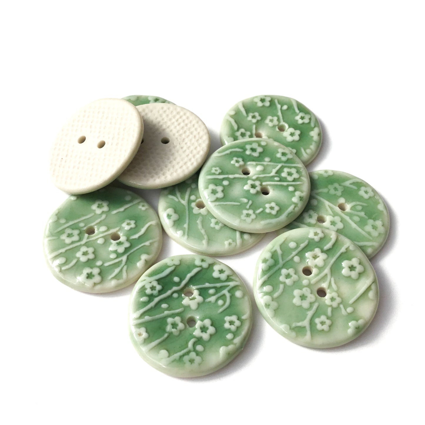 'Celadon' Plum Blossom Porcelain Button  1"