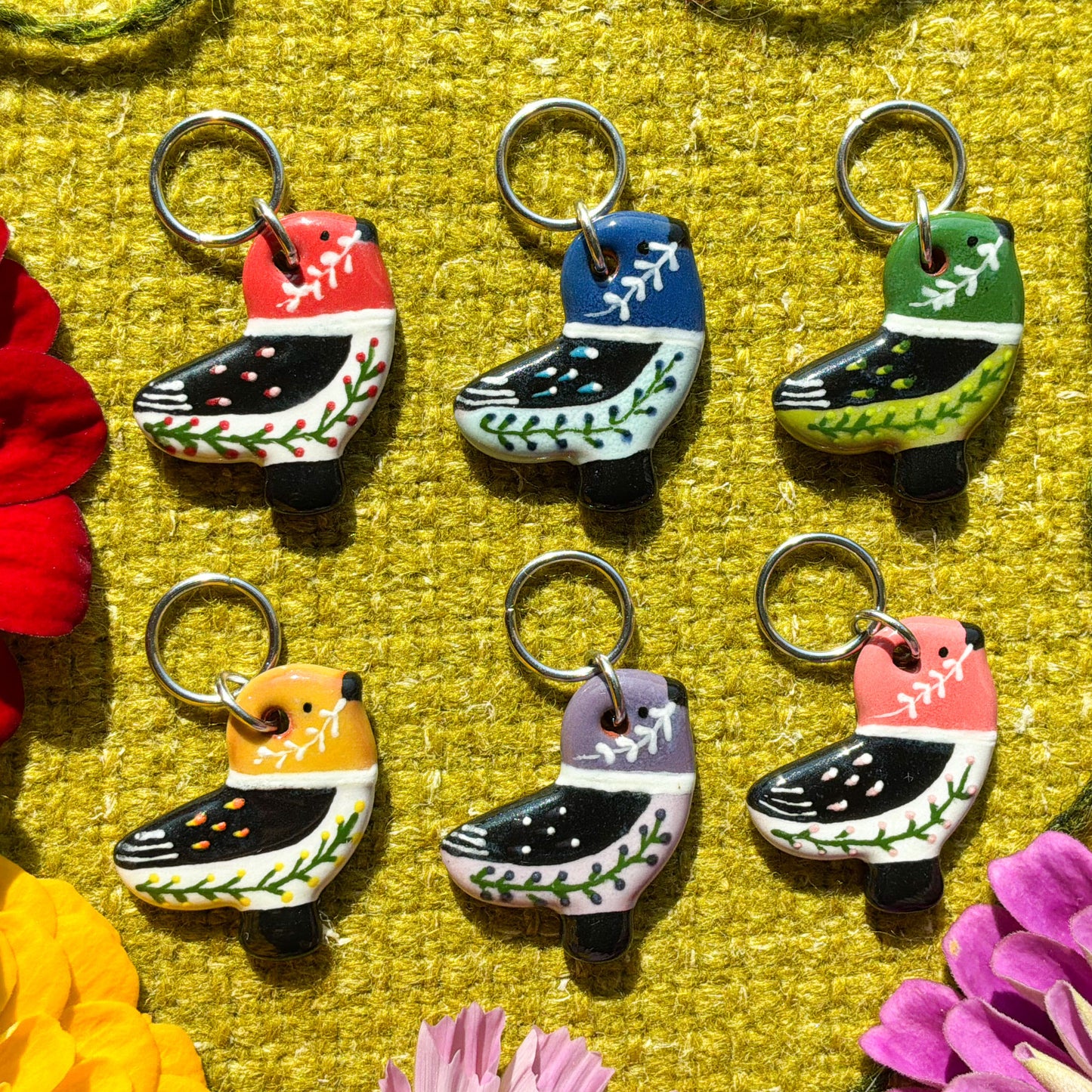 Ceramic Folk Bird Stitch Marker  3/4" x 7/8"