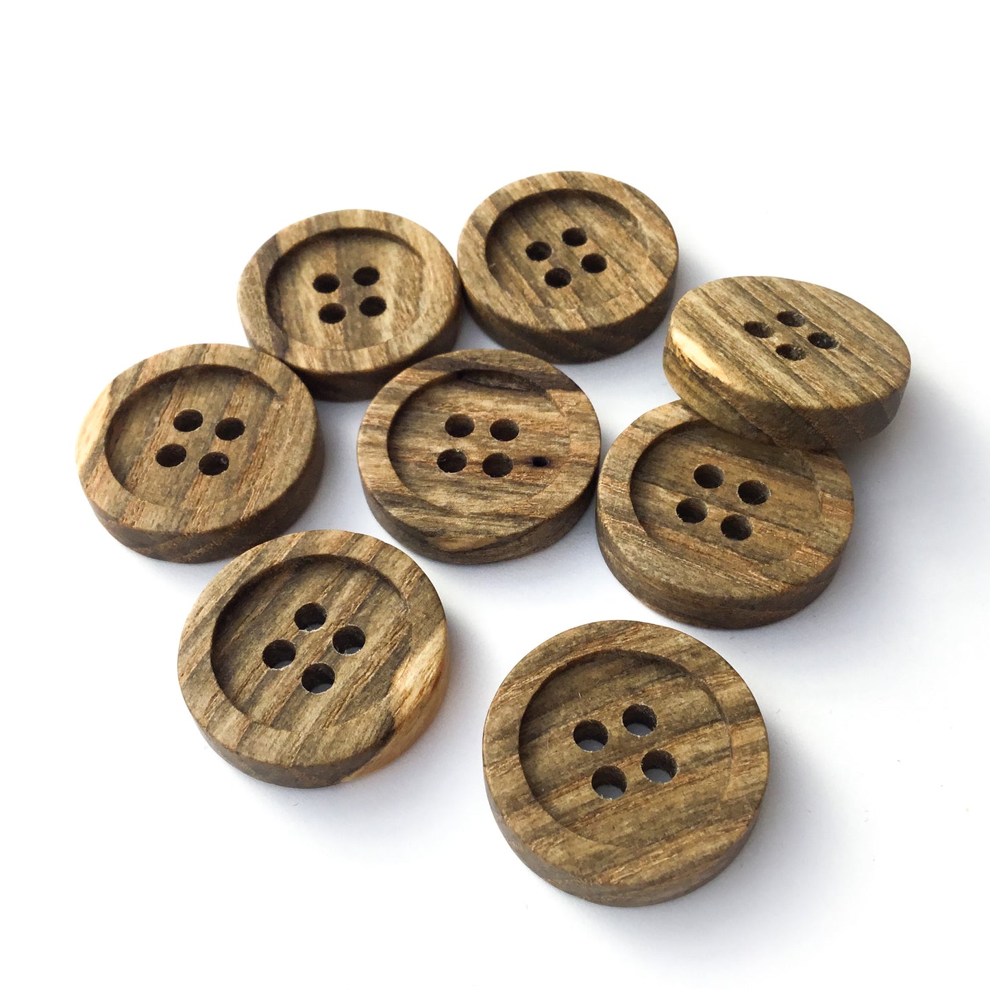 Four Hole Inset Button - Grayed ‘zebra-striped’ Ash Wood  1" - 8-pack