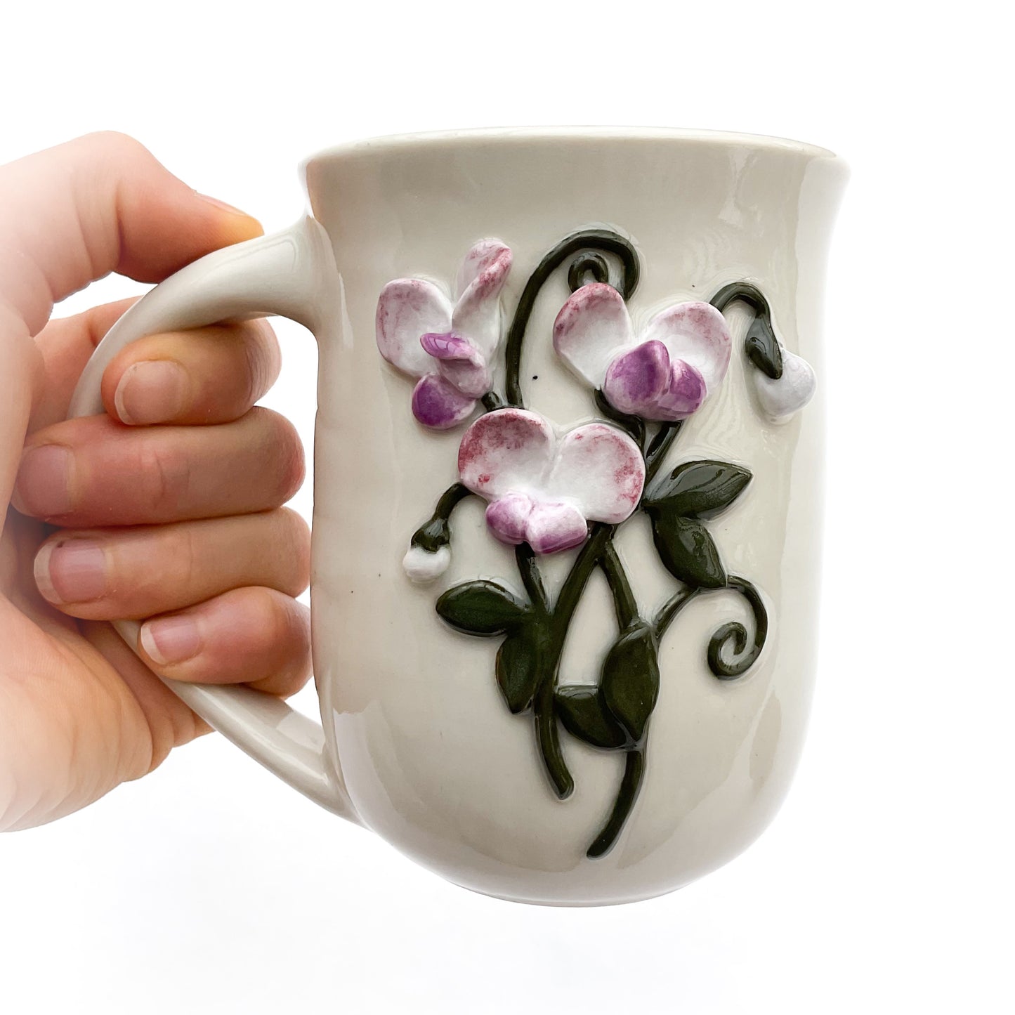 Sweet Pea Hand Sculpted Porcelain Mug 12 oz