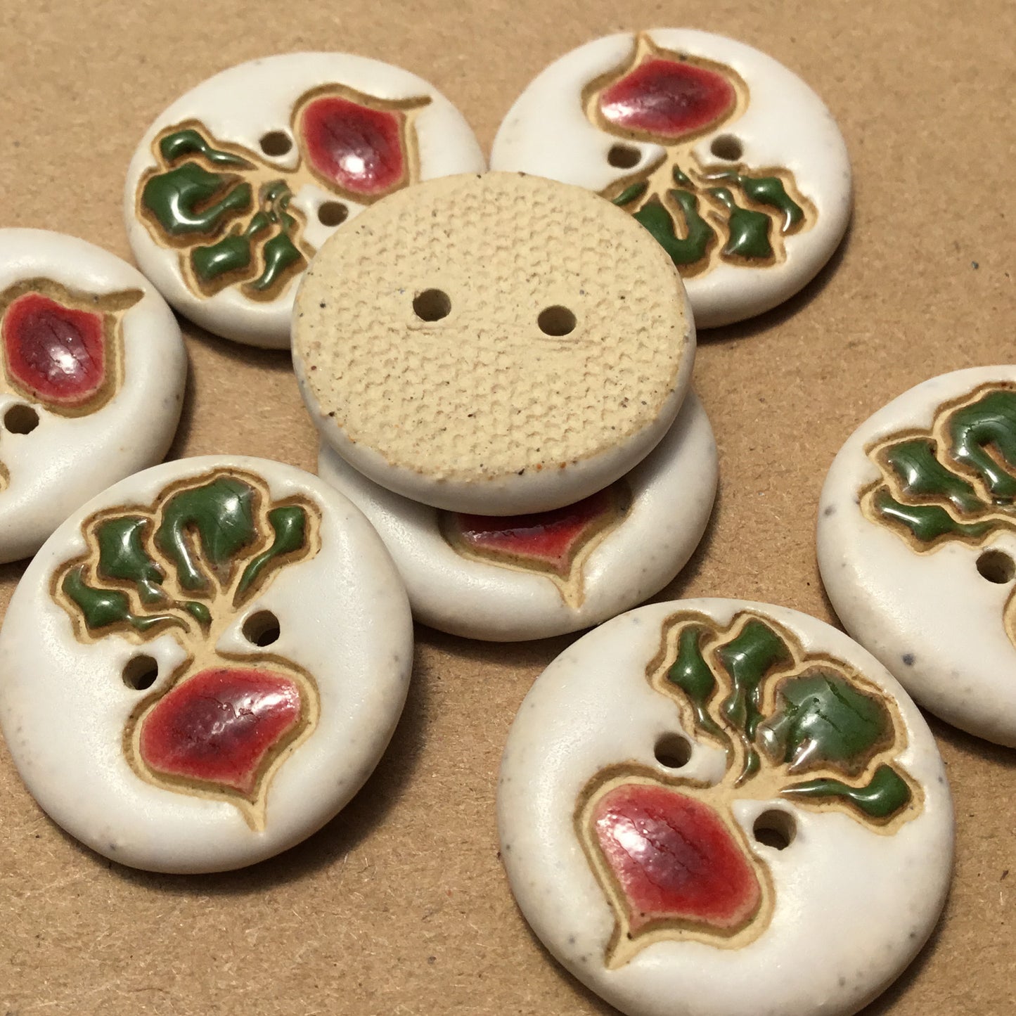 Matte White Garden Beet Stoneware Button  7/8”
