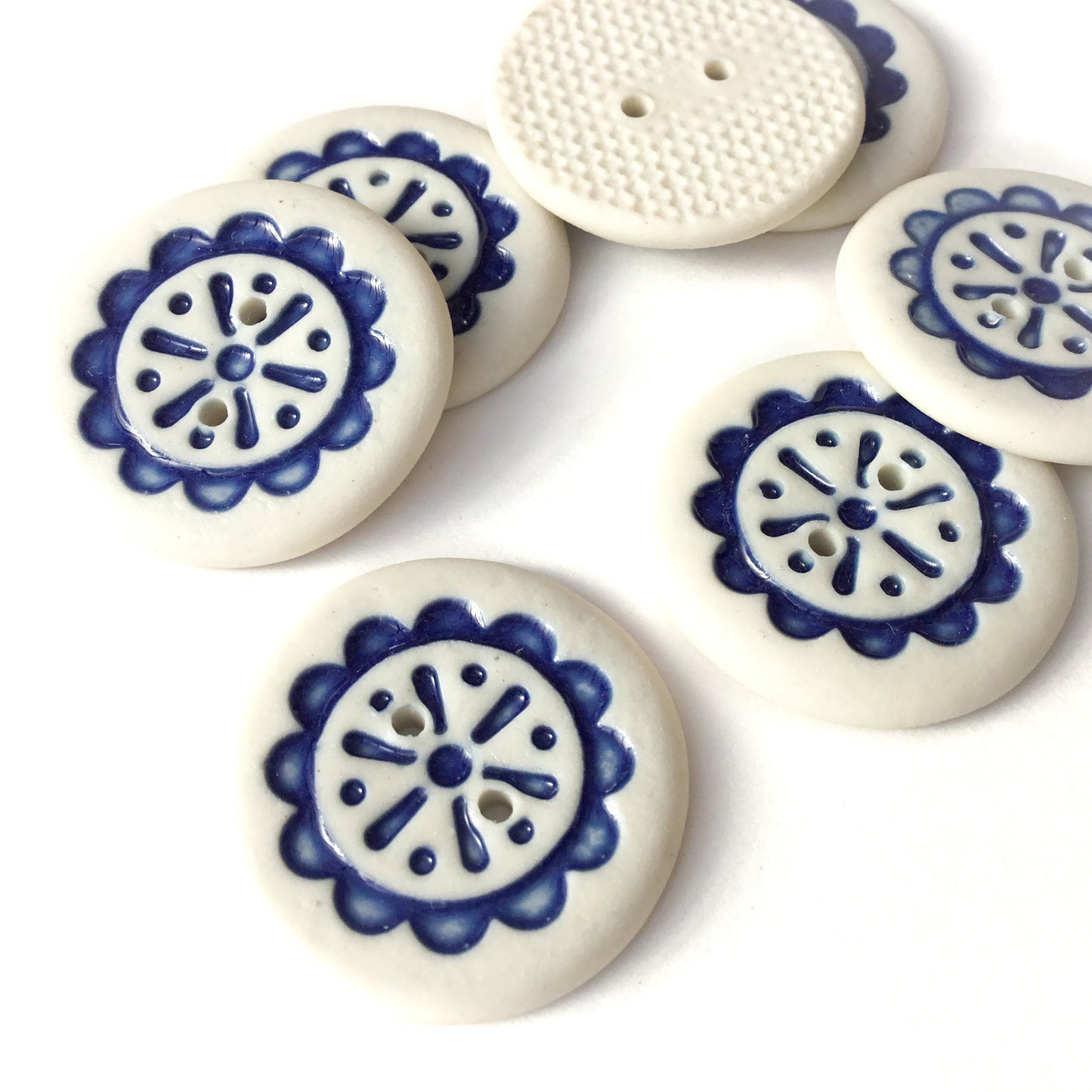 Scalloped Flower Porcelain Button  ‘Deep Blue’  1"