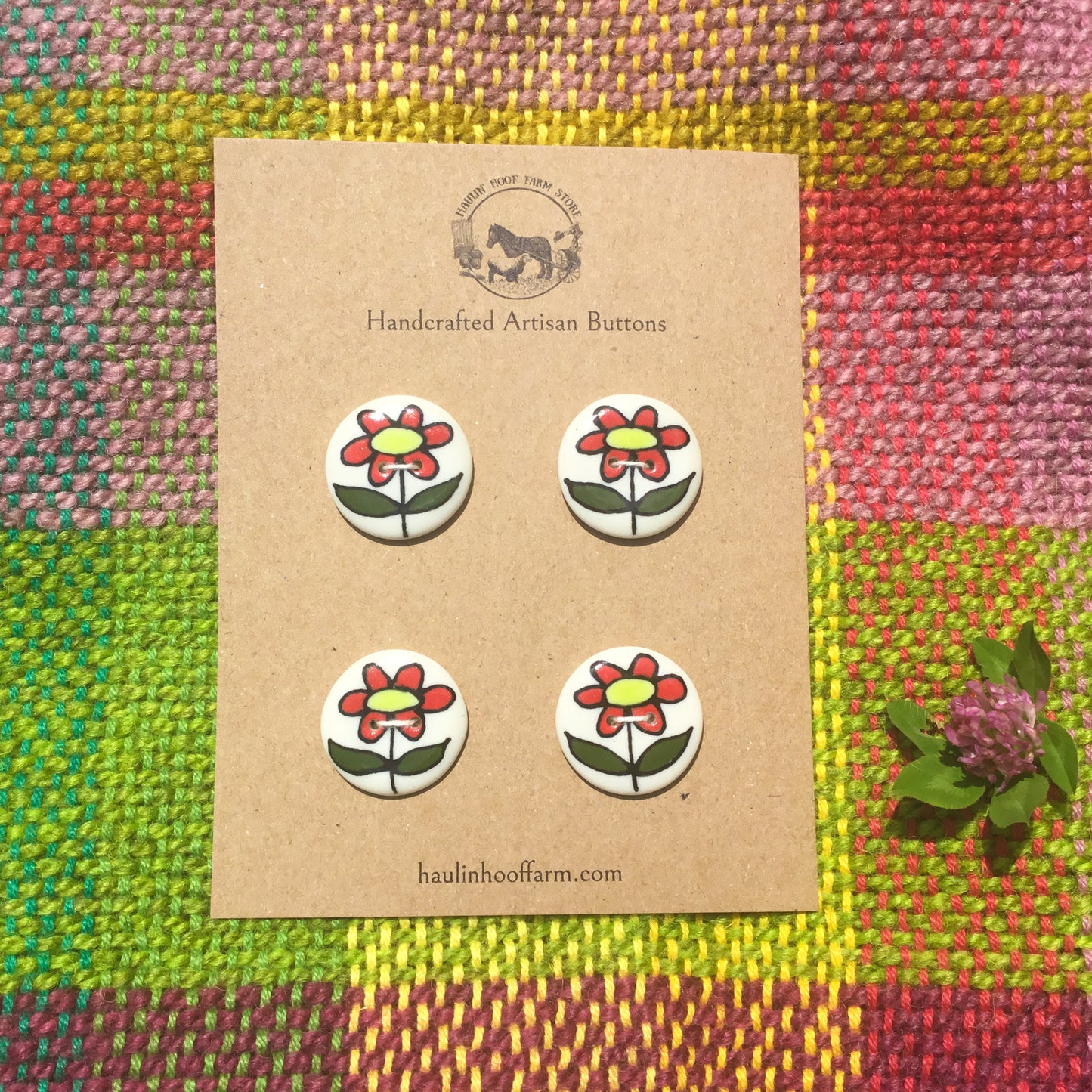 Welcome Flower Porcelain Button Set - Red & Chartreuse - 1”
