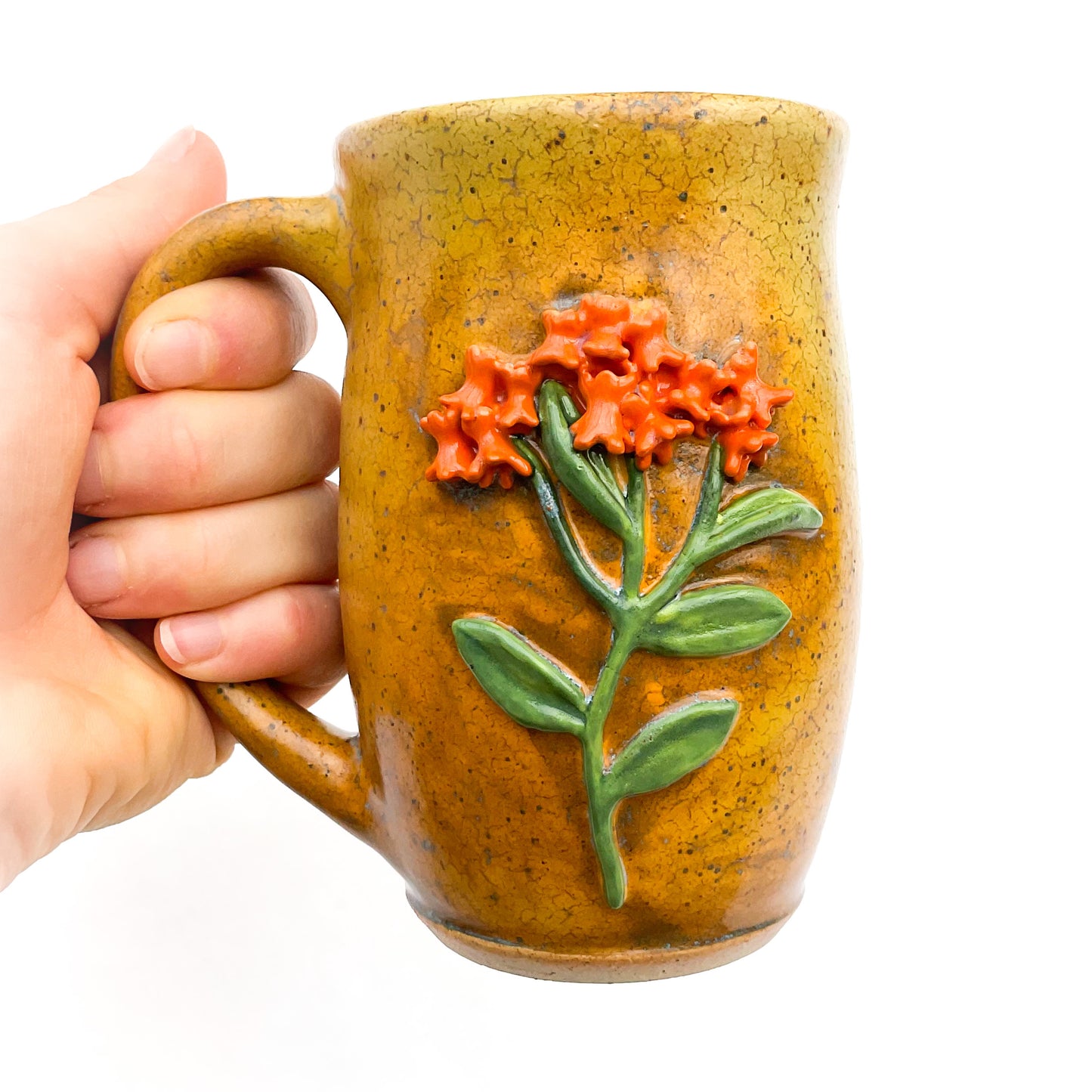 Butterfly Weed Hand Sculpted Stoneware Mug   12 oz