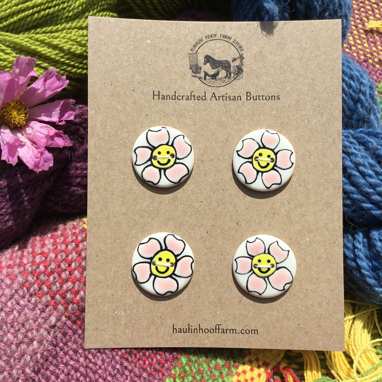 Happy Pink Flowers Porcelain Button Set - 1”