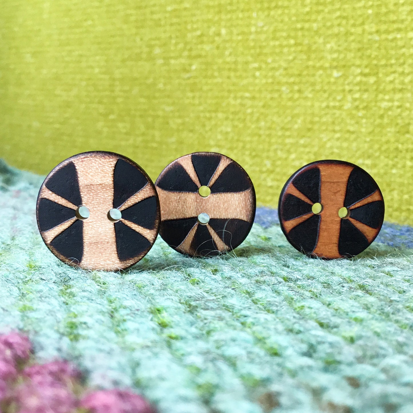 'Split Flower' Wood Burned Buttons  13/16”