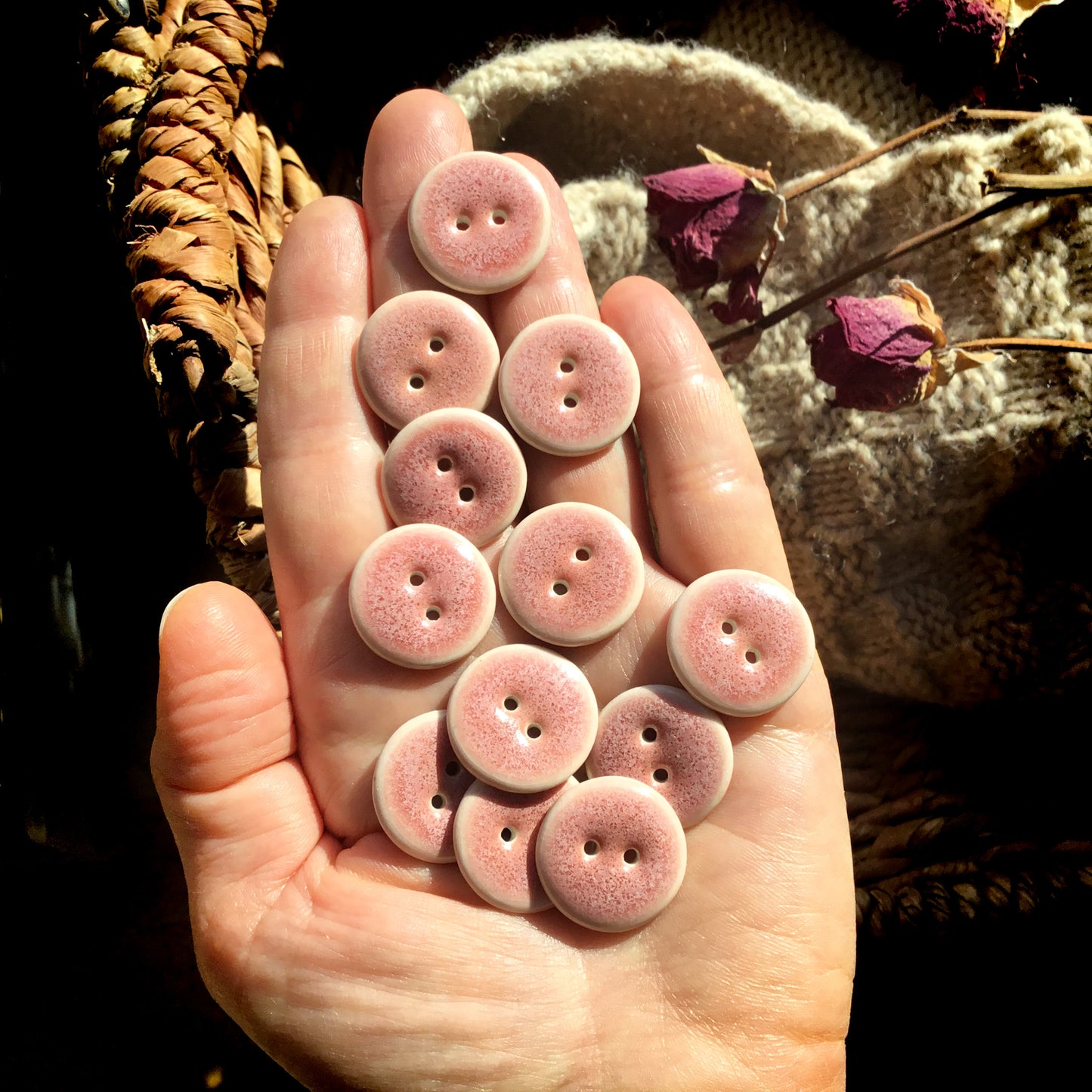 Pink Rhubarb Porcelain Button  7/8"