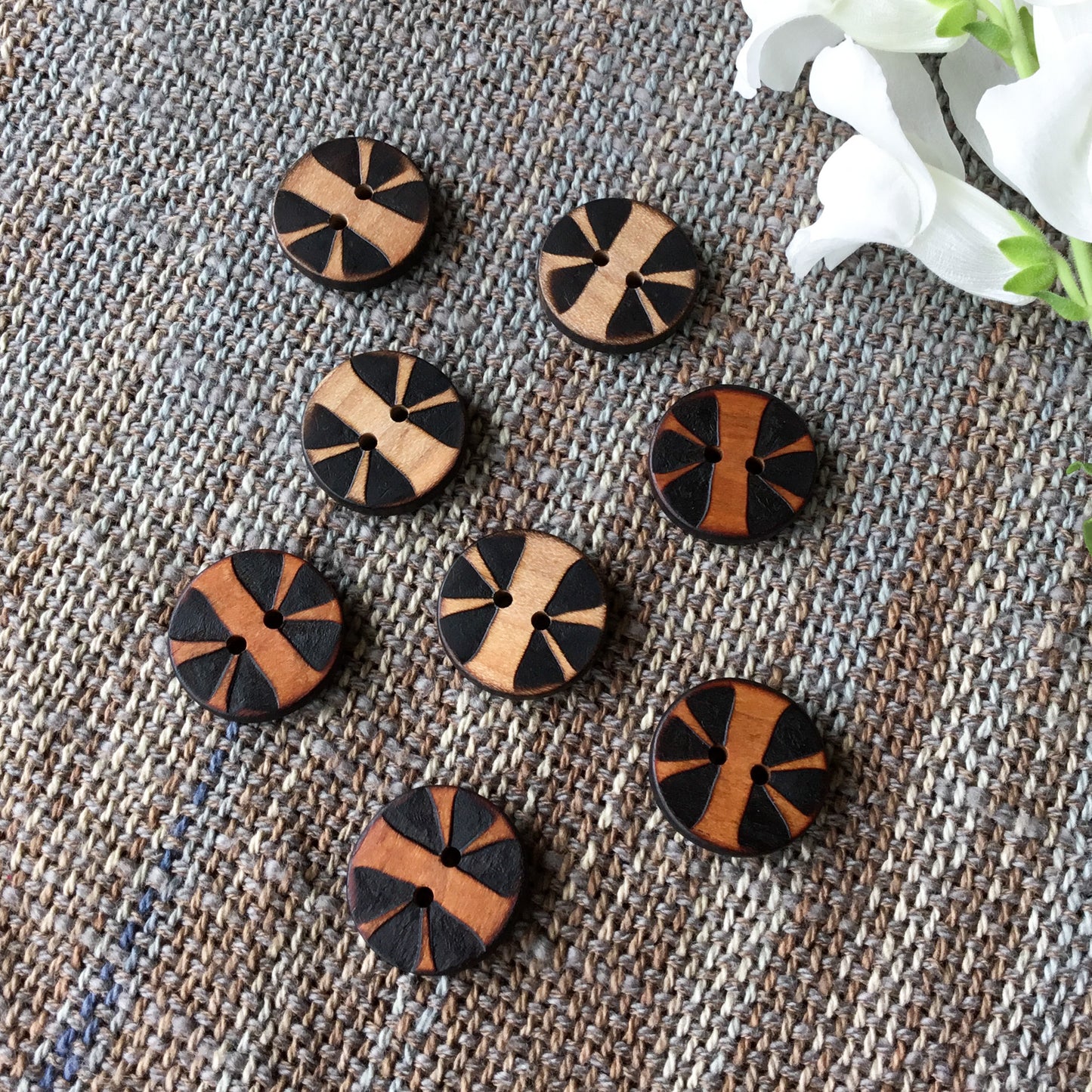 'Split Flower' Wood Burned Buttons  13/16”
