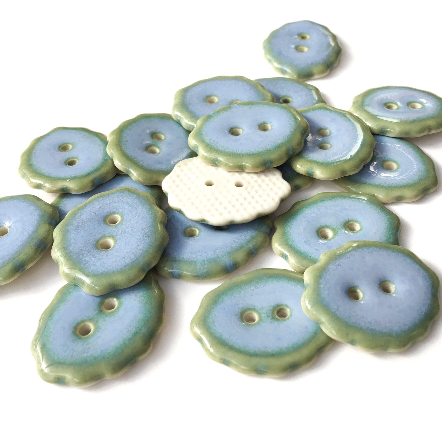 Blue-Green Scalloped Porcelain Buttons - 3/4" x 7/8"