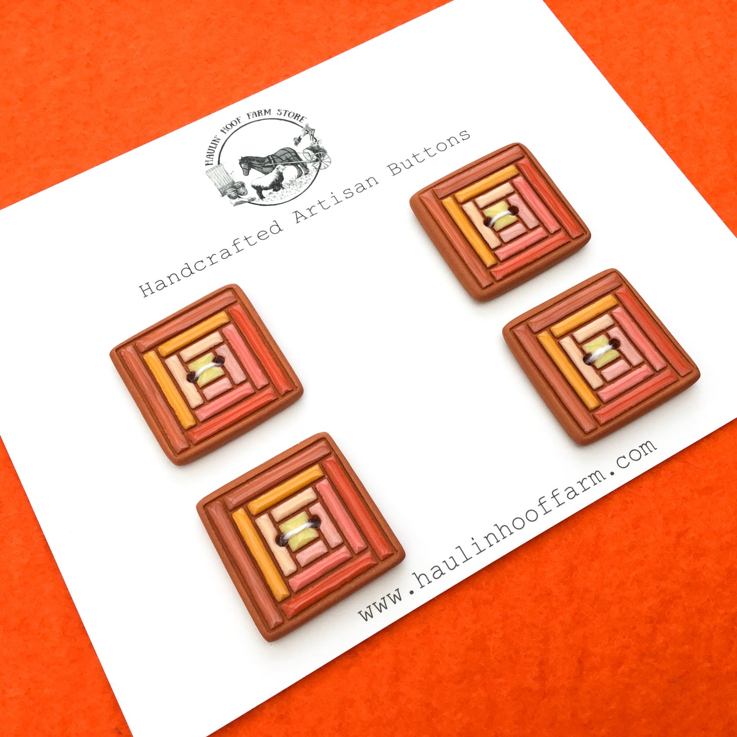 'Orange Pop' Log Cabin Quilt Block Buttons - Set of 4