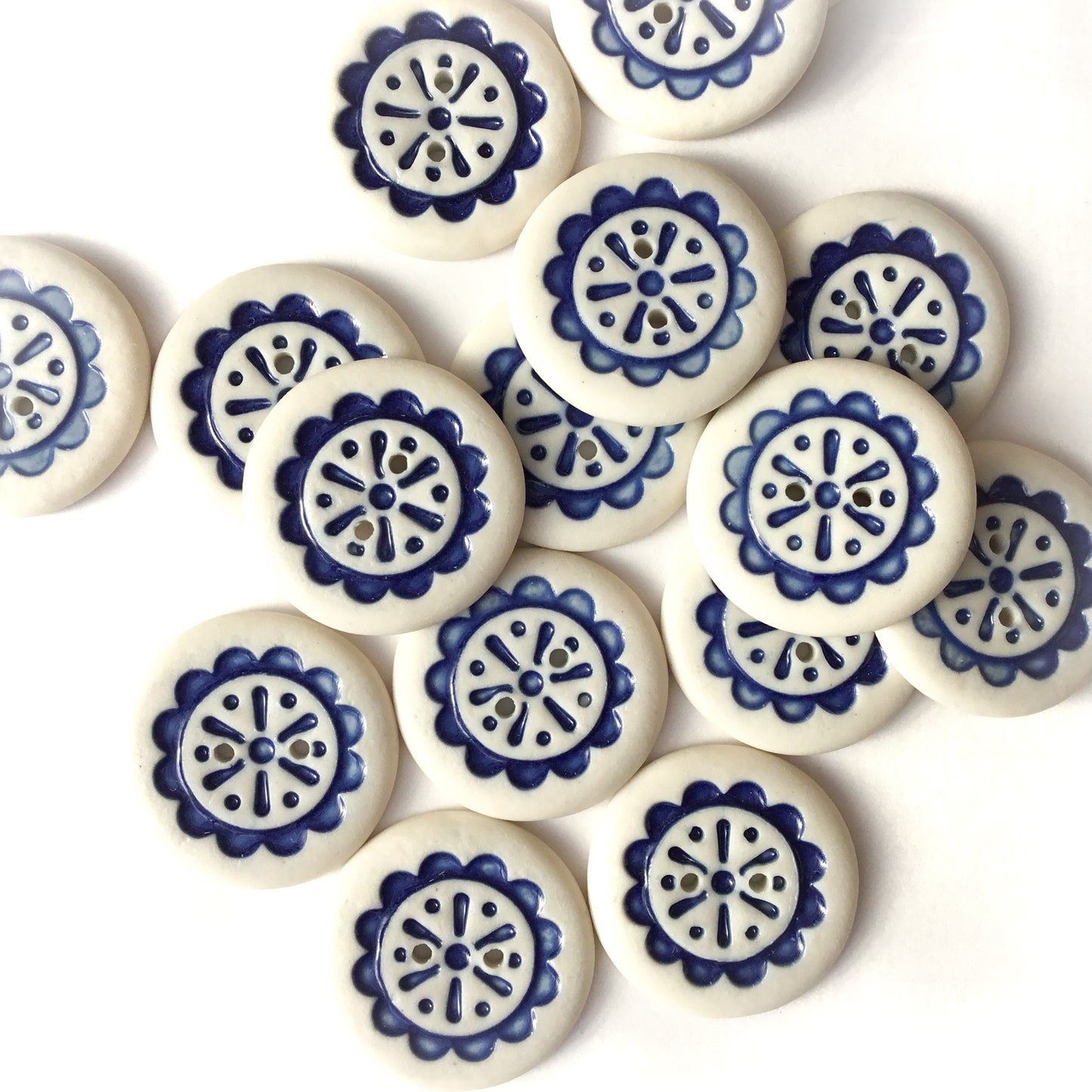 Scalloped Flower Porcelain Button  ‘Deep Blue’  1"