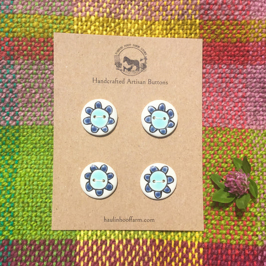 Big Bloom Flower Porcelain Button Set - Blues - 1”