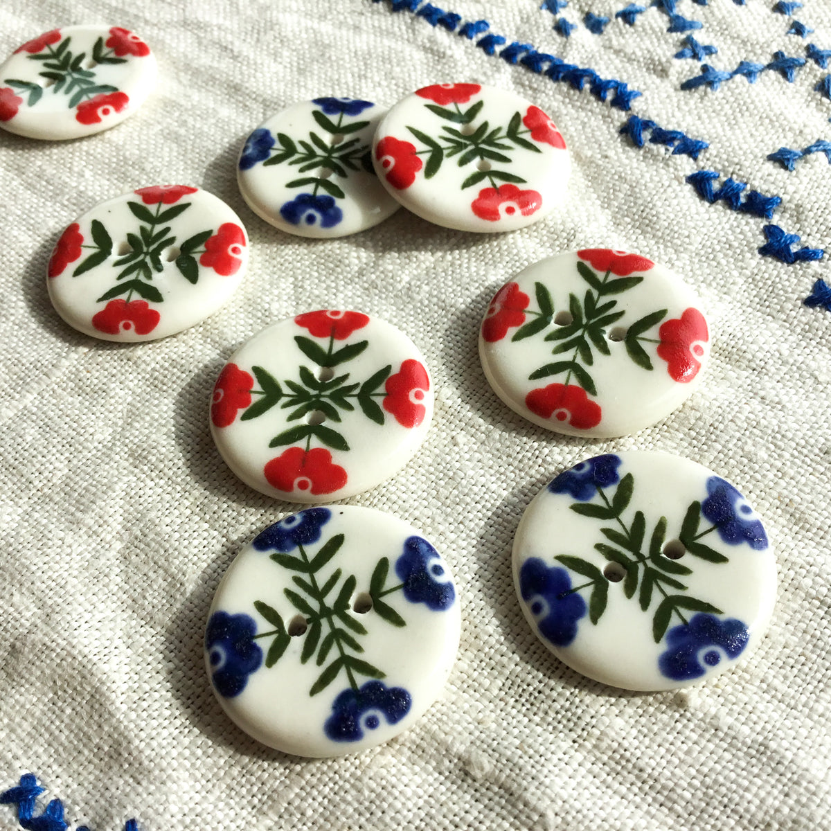 Folk Button 'Crossed Folk Flowers' Blue & Red Porcelain Buttons 1” – Haulin' Hoof ...