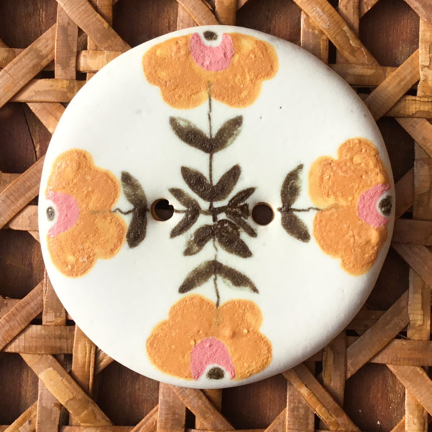 Crossed Folk Flowers Stoneware Button