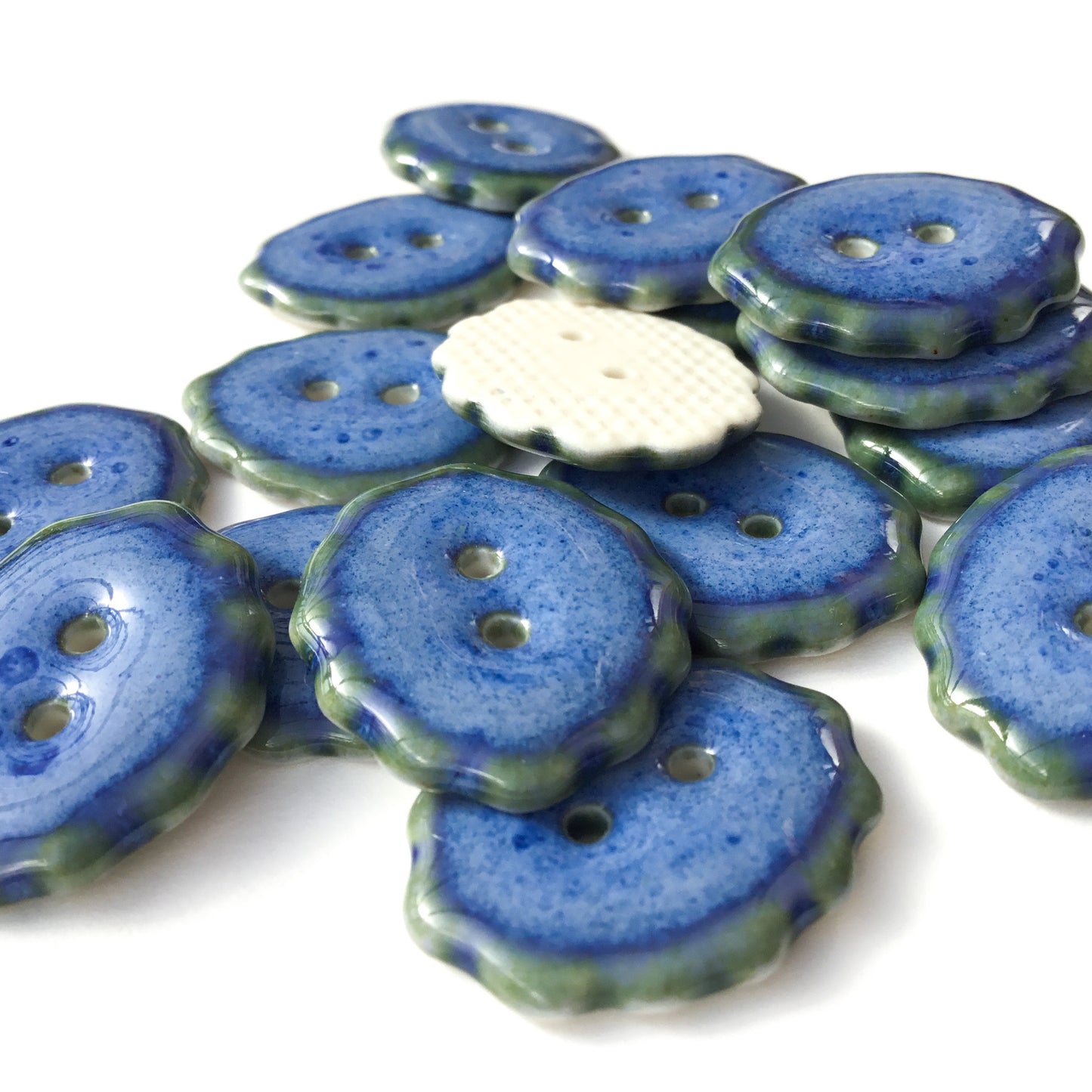 Indigo Blue Scalloped Porcelain Buttons - 3/4" x 7/8"