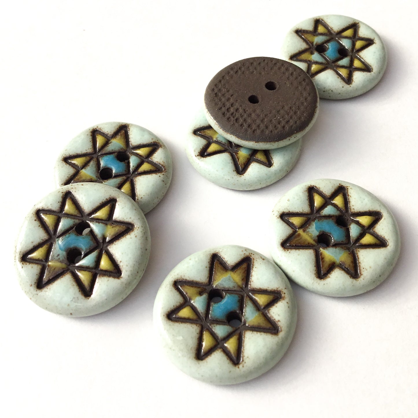 Ohio Star Quilt Block Stoneware Button  ‘Blue Bliss’  3/4” - 7 Pack