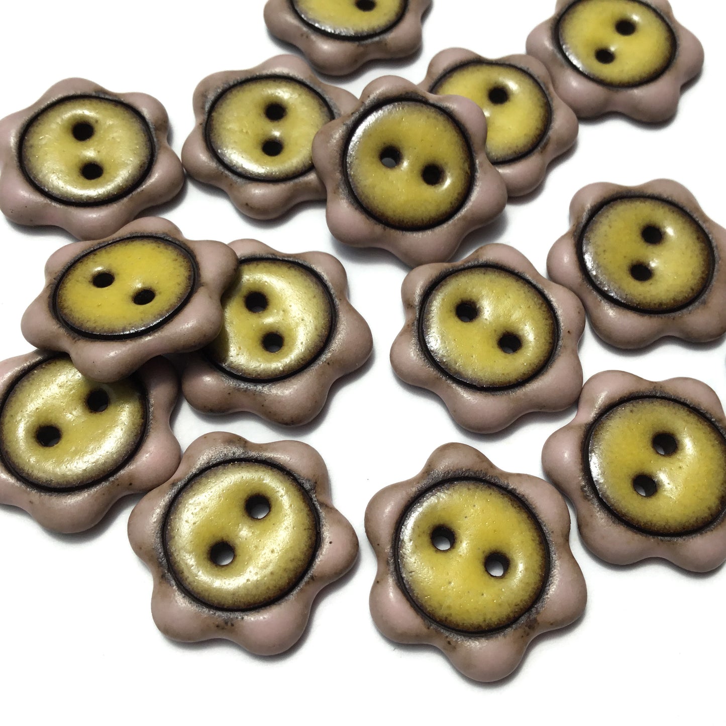 ‘Floral Darlings' Black Stoneware Button - Soft Pink & Yellow  7/8”