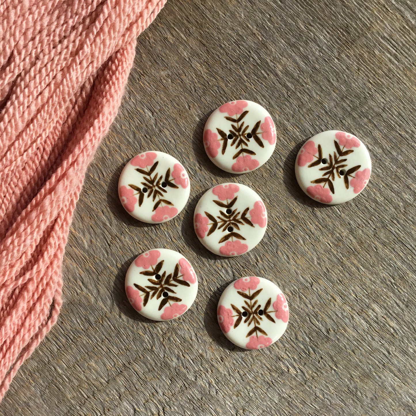 'Crossed Folk Flowers' Pink & Brown Porcelain Button 1”