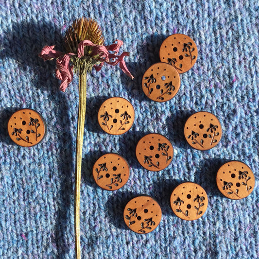 ‘Coneflowers' Wood Burned Button 13/16”