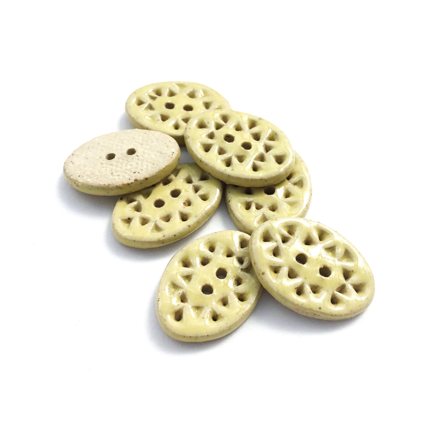 Hand Stamped Light Yellow Stoneware Buttons  5/8" x 7/8" - 7 Pack