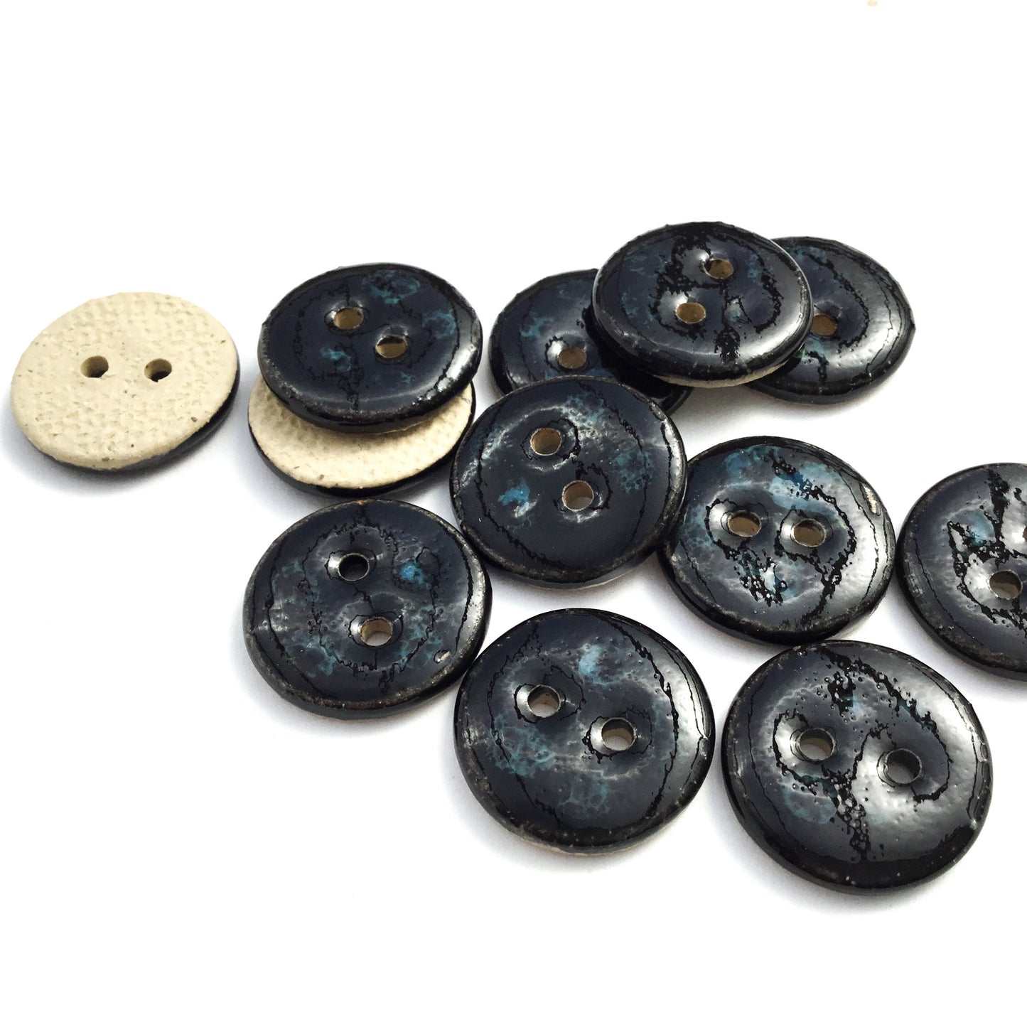 Black & Turquoise Stoneware Buttons  3/4"
