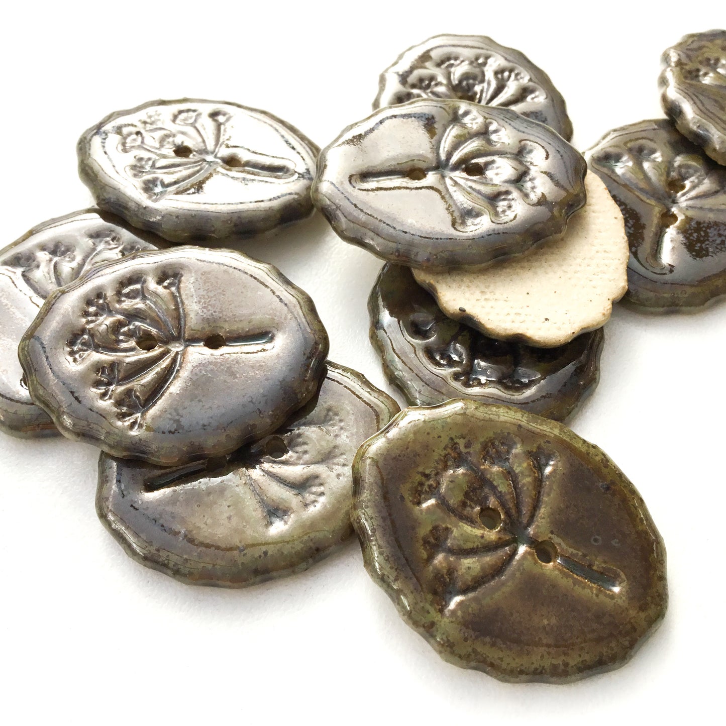 Iridescent Moss Green 'Umbel' Stoneware Button 1" x 1-1/4"