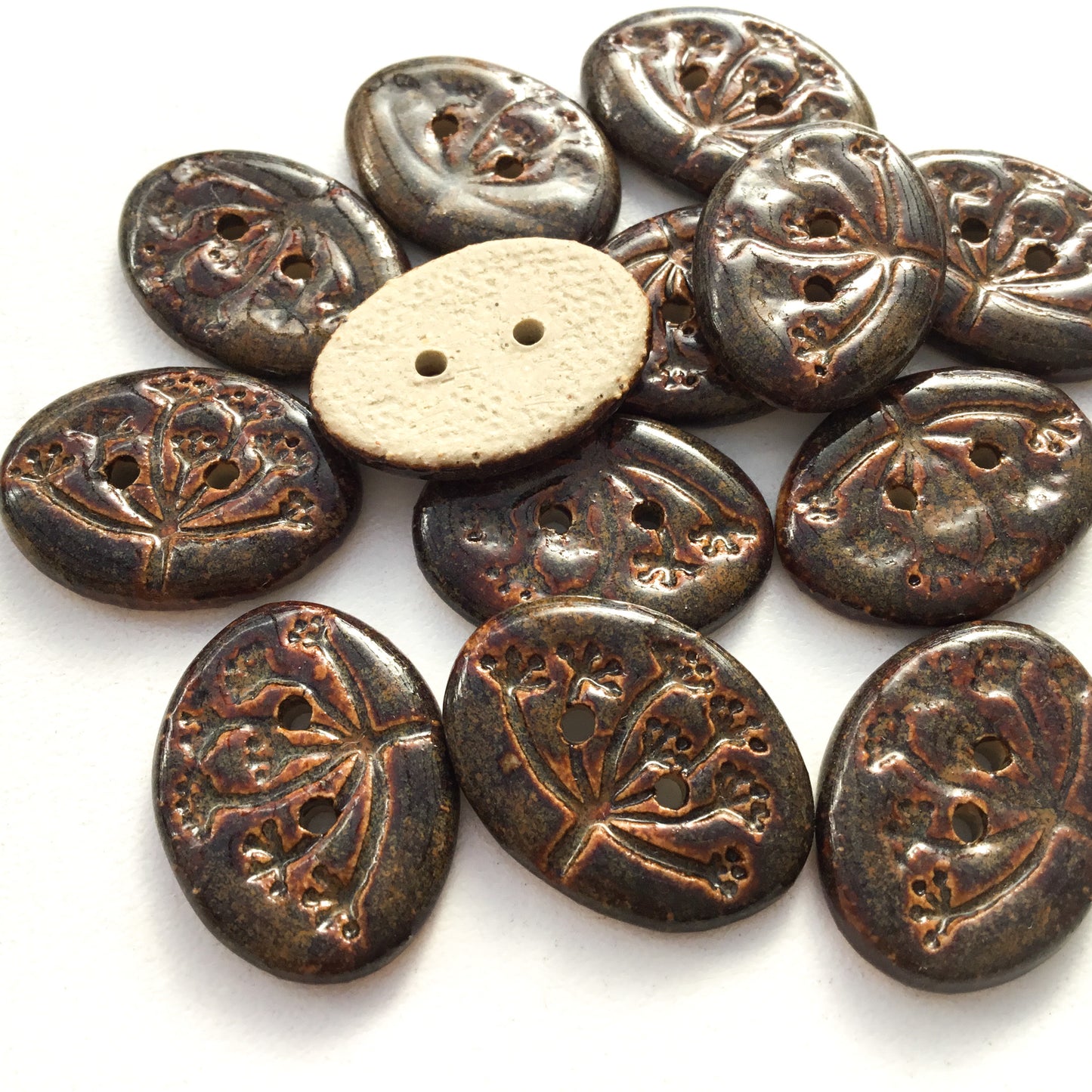 Iridescent Copper 'Umbel' Stoneware Button  5/8" x 7/8"
