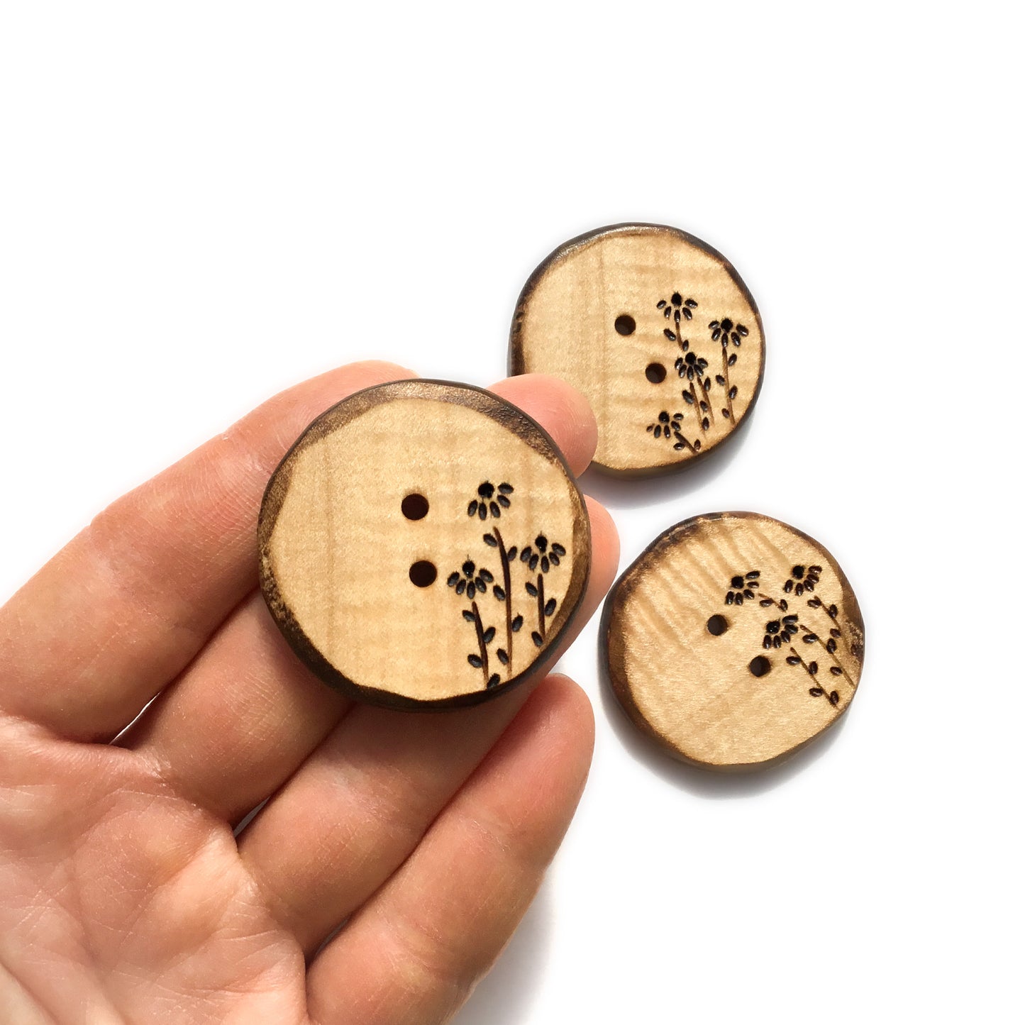 Wood Burned Coneflower Button in Maple  1-1/2”