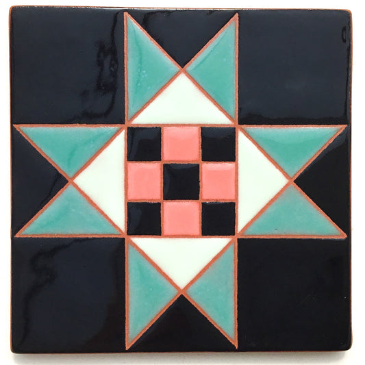 Checkered Ohio Star Quilt Block Coaster - Ceramic Art Tile #30