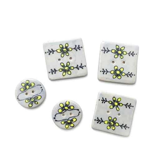 Gray-Blue Vintage Flower Design Ceramic Buttons
